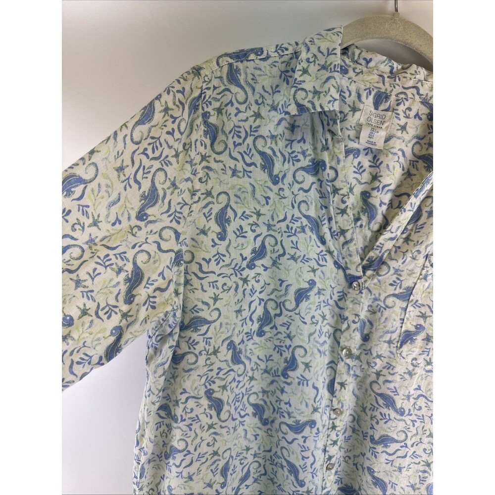 Sigrid Olsen Linen Tunic Shirt Button Down White Blue Seahorse Roll Tab Sleeves - Picture 3 of 11
